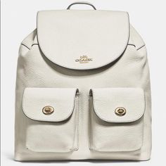 Billie Backpack (Coach F29008) Chalk/Light Gold Details Refined Pebble Leather Inside Zip, Cell Phone And Multifunction Pockets Flap And Drawstring Closures, Fabric Lining Top Handle With 3 1/4" Drop Outside Turnlock Pockets Adjustable Shoulder Straps 12" (L) X 13" (H) X 5" (W) Coach Logo, Bags Coach, Fancy Bags, White Chalk, Coach Leather, Small Bag, Gold Details, Sling Bag, Pebbled Leather