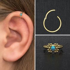 an ear piercing is shown in three different pictures, one with a blue stone and the other has a silver nose ring