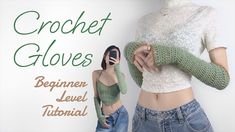 a woman holding a cell phone next to a mannequin's torso in front of a sign that says crochet gloves beginner level journal