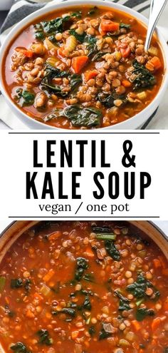 lentil and kale soup in a white bowl