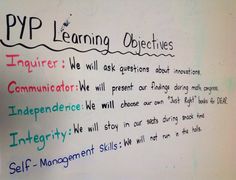 a white board with writing on it that says pyp learning activities