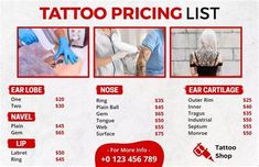 a flyer for tattoo shops showing prices