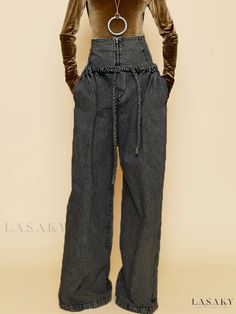 Lasaky - Vintage High Waist Loose Straight Wide Leg Denim Pants Non-stretch High Waist Bottoms With Five Pockets, Baggy High-waist Bottoms With Five Pockets, Baggy High-waisted Bottoms With Belt Loops, Baggy Mid-rise Wide Leg Pants For Fall, Baggy High Rise Cargo Jeans For Fall, High Rise Baggy Cargo Jeans For Fall, Non-stretch Dark Wash Wide Leg Pants, Non-stretch Wide Leg Dark Wash Pants, High Rise Non-stretch Pants With Belt Loops