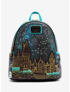 a black and blue backpack with buildings on it