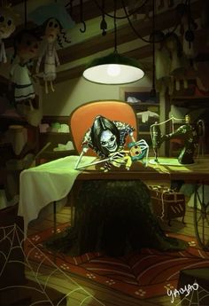 an animated skeleton sitting at a table in front of a sewing machine and other items