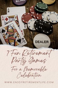 a table topped with poker chips and playing cards next to a card game called fun entertainment party games for memorable celebration