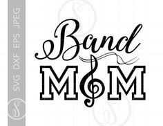 the word band mom in black and white with music notes on it's side