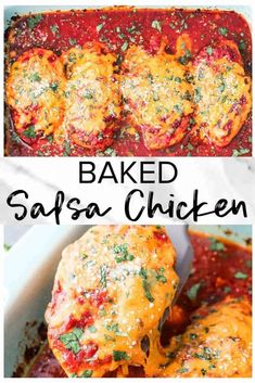 baked saffsa chicken in a white casserole dish with red sauce and parmesan cheese