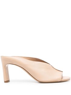 sand beige calf leather crinkled finish peep toe moc stitching branded footbed high sculpted heel leather sole slip-on style Balenciaga Leather, Sand Beige, Studded Leather, Leather Mules, Slides Shoes, Sneaker Wedge, Metallic Leather, Mules Shoes, Bridal Shoes