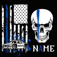 a skull with a police car and an american flag