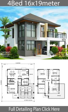 two story house plan with 4 beds and 1 baths in the front, an open floor plan