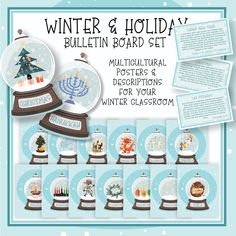 the winter and holiday bulletin board set includes snow globes, christmas trees, and other decorations