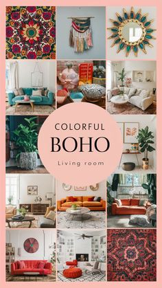 the colorful boho living room is featured in this postcard style photo collage