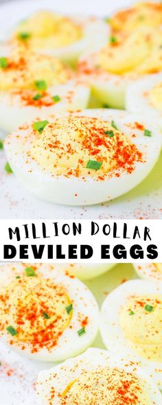 deviled eggs are topped with seasoning and sprinkled with red pepper on top