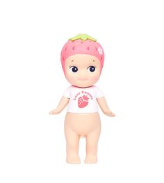 a small toy doll with a strawberry on it's head and arms, standing in front of a white background