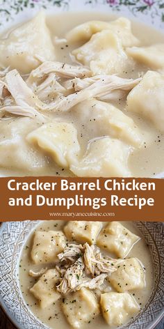 cracker barrel chicken and dumplings recipe in a white bowl on a floral plate