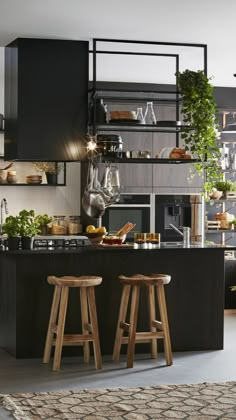 two stools in front of an island with plants and pots on the counter top