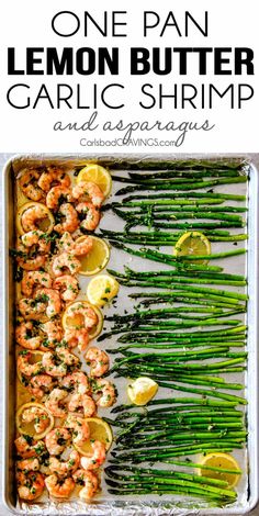 one pan lemon butter garlic shrimp and asparagus on a baking sheet with text overlay