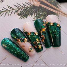 Christmas Press on Nails Green Christmas Nails Crystals | Etsy Emerald Green Nail Ideas Christmas, Year End Nails, Green And Nude Christmas Nails, Dramatic Christmas Nails, Green Gold Nails Christmas, Unique Christmas Nails Acrylic, Yule Nail Designs, Christmas Acrylic Nails Green, Nail Tape Art