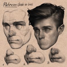 an artist's drawing of the face and head of a man with different facial expressions