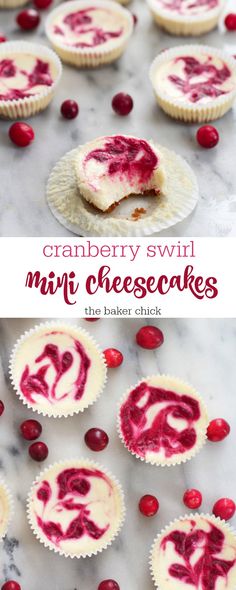 cranberry swirl mini cheesecakes with cherries on top and in the middle