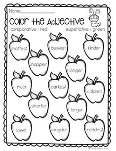 an apple themed worksheet for the color the adjective with apples on it