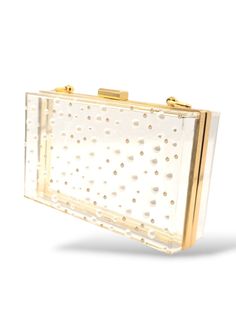 Be the life of the party with the NINA clutch! This stylish lucite box clutch purse offers unique flair with a silver metal frame that is embellished with Austrian crystals and pearls that are placed in a polka dot pattern that won't go unnoticed. Show off some sass and store all your necessities in this fun, one-of-a-kind clutch! The purse is embellished with scattered gold Austrian crystals and off-white Austrian pearls. White Modern Clutch For Parties, Modern White Clutch For Parties, Chic Clear Clutch For Party, Chic Clear Party Clutch, Elegant Clear Rectangular Clutch, Elegant Rectangular Clear Clutch, Phone Items, Box Clutch, Life Of The Party