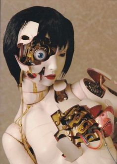 a woman with black hair and white skin holding a clock in her hand while wearing steampunky garb