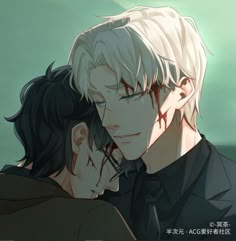 two anime characters with white hair and black eyes, one is holding the other's head