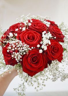 a bouquet of red roses and white baby's breath is held by a hand