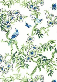 a blue and green floral wallpaper with birds on it