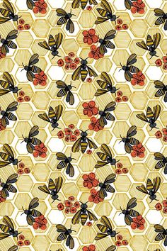 an image of bees on honeycombs with red and yellow flowers in the background