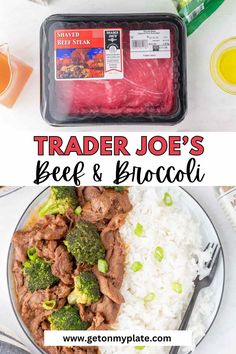 trader joe's beef and broccoli on a plate with rice in the background