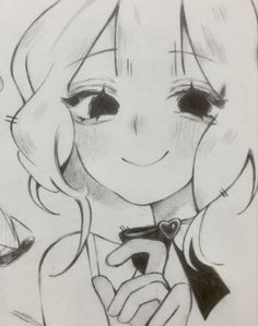 a pencil drawing of a girl with long hair holding a small object in her hand