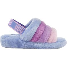 This standout slide pairs perfectly with midi dresses or your favorite jeans. The UGG® Fluff Yeah Slide is a casual women's sandal style slipper with an elastic heel strap that is the on trend style of the season. These UGG® Fluff Yeah Slide Cornflower Multi Sheepskin Women's Slippers have the following features: Sheepskin uppers Combining slipper and sandal into a cozy statement shoe Soft sheepskin with a lightweight platform to keep things airy Elastic strap with UGG graphic Sheepskin lining Sheepskin insole Rubber outsole 1.5 wedge height This product was made in a factory that supports women in our supply chain with the help of HERproject, a collaborative initiative that creates partnerships with brands like ours to empower and educate women in the workplace 1097169 Rainbow Slippers, Fluff Yeah Slide, Green Slippers, Striped Slippers, Ugg Slides, Purple Rainbow, Slide Slippers, Statement Shoe, Slides Women