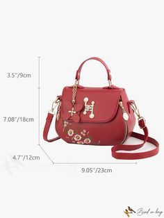 BirdinBag - Chic Floral Zipper Handbag: Trendy Flap Shoulder Bag, Stylish Small Leather Purse for the Office Red Handheld Bags For Spring, Red Handheld Bag For Spring, Red Spring Bag With Zipper Closure, Portable Satchel Bag For Spring, Small Leather Purse, Flap Shoulder Bag, Square Bag, Leather Purse, Floral Embroidery