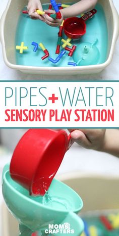 a child playing with water and toys in a play station that is made from plastic cups