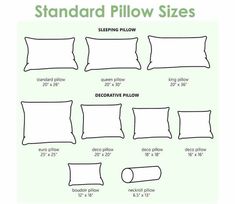 the standard pillow sizes are shown