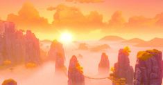 the sun is setting over some rocks and mountains in an animated environment with foggy water