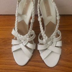 Never Worn But Tried On In The Boutique. Soft White Leather Sandals With 3 Inch Heels. These Have A Braided Leather Sling That Starts At The Top Of The Throat And The Body Is A Wider Woven Soft Leather. The Heels Are Made From Natural Cork And Are A Us Size 7. You Can Wear These Summer Dresses Or Summer Jeans Because They Are Very Versatile!! Michael Kors White Leather Sandals, Michael Kors Luxury Heels For Spring, White Leather Sandals, Summer Jeans, The Boutique, 3 Inch Heels, Michael Kors Shoes, Braided Leather, Soft White