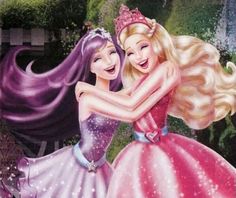 two barbie dolls hugging each other in front of trees and bushes, one wearing a tiara