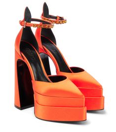 Aevitas Pointy satin platform pumps Orange Heels Outfit Classy, Versace Heels Platform, Orange Platform Heels, Heels Orange, Versace Heels, Orange Pumps, Pointy Pumps, Orange Heels, Orange Style