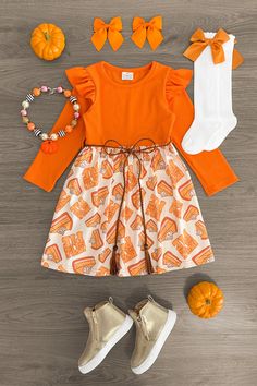 Here For The Pie Orange Dress - Sparkle in Pink Orange Ruffled Dress For Fall, Thanksgiving Outfit Kids, Kids Fall Outfits, Outfits For Kids, Kids Thanksgiving, Girls Long Sleeve Dresses, Sparkle In Pink, Thanksgiving Dress, Thanksgiving Outfits