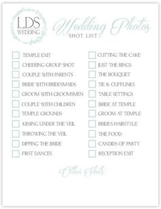 the wedding photo checklist is shown in blue and white