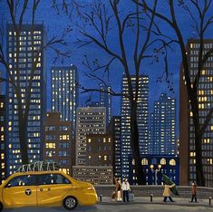 a painting of people walking on the sidewalk in front of a yellow taxi at night