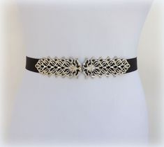 Black elastic waist belt with silver filigree clasp by MissLaceAccessories on Etsy