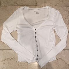 Stretchy White Button Up Sweater, Never Worn Button Up Sweater, White Button Up, American Eagle Outfitters, American Eagle, White Black, Long Sleeve Tees, White And Black, Button Up, Womens Tops