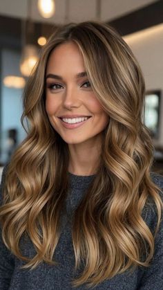 Brown Fall Balayage Hair, Caramel Highlights On Dark Blonde Hair, Brown And Blond Balayage, Gigi Hadid Bronde Hair, Auburn With Blonde Money Piece, Carmel Hair With Highlights, Caramel Bronde Balayage Brunettes, Brown Hair With Golden Blonde Highlights, Fall Caramel Balayage