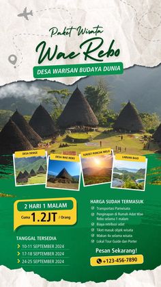 an advertisement for a travel company with images of huts and mountains in the background,