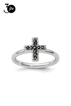 Rhodium over sterling silver religious stackable ring with marcasite studded cross design and polished finish. Band width measures approximately 1/16". Cross Ring, Cross Design, Stackable Ring, Cross Designs, Stackable Rings, Band, Sterling Silver, Ring, Silver